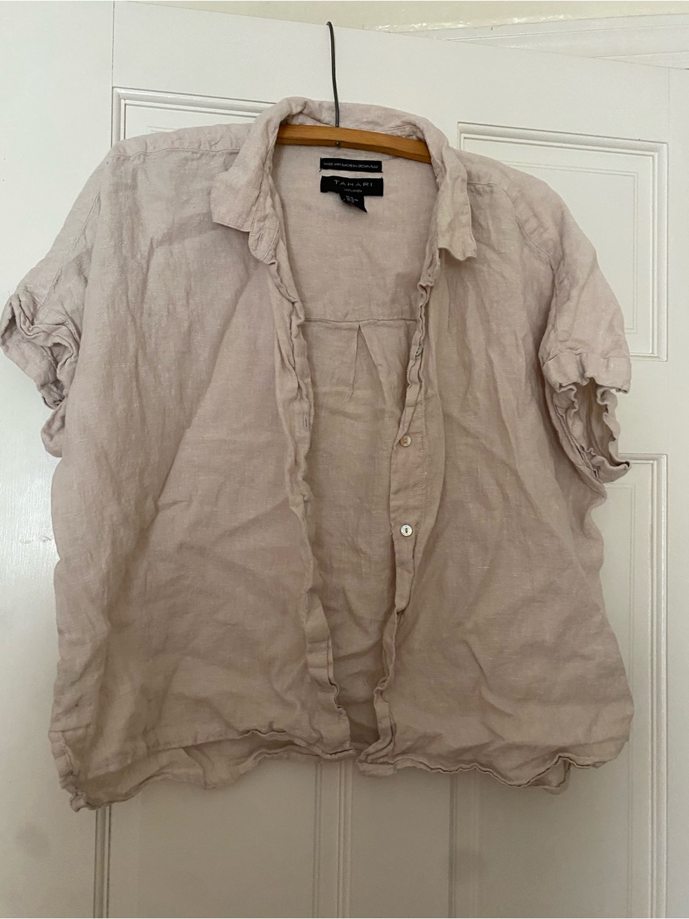 Tahari Light Beige Linen Short-Sleeve Shirt - Casual Button Front Sz XL coastal